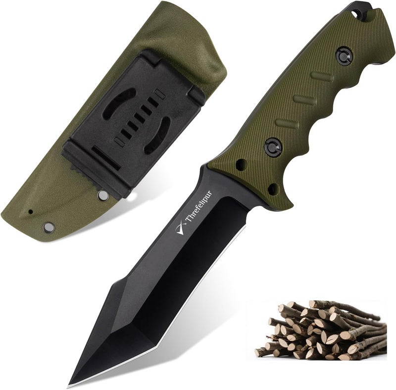 Threfelipur Tanto Camping Knife for Men, D2 Steel Fixed Blade Tactical Survival Knife with Sheath - Compact & Portable for Outdoor Hiking, Bushcraft, G10 Handle - Green - Image 1